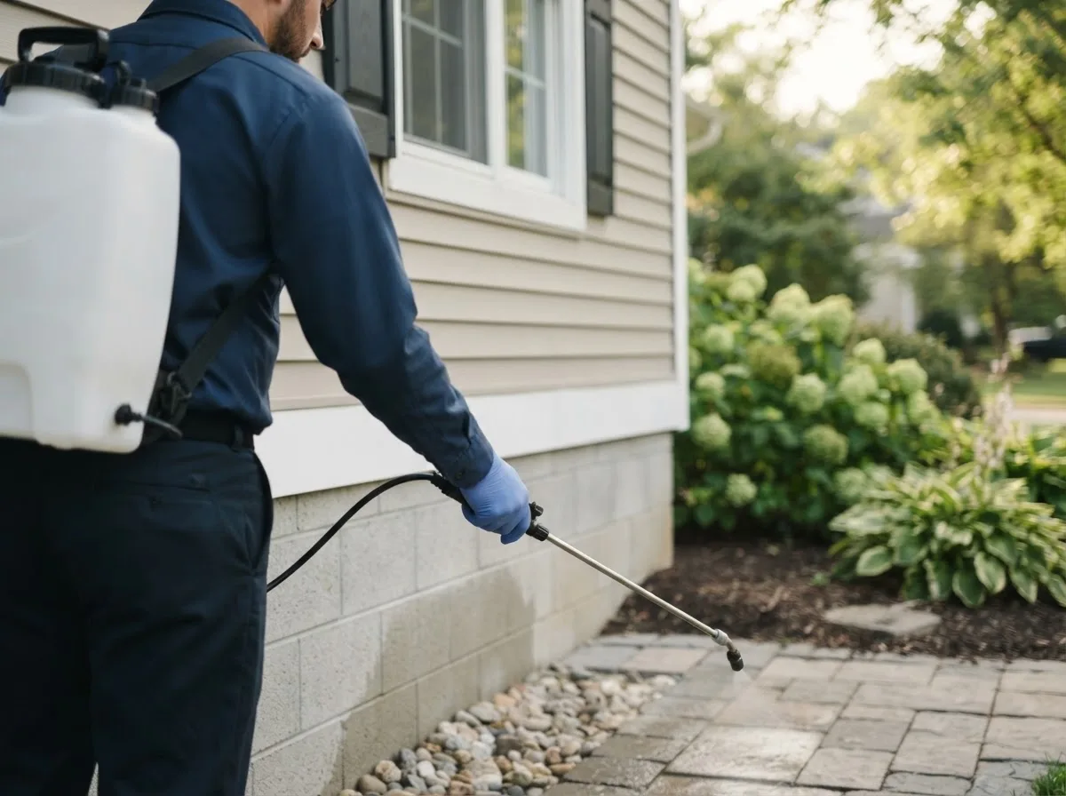 Pest control technician inspecting a home in Lewis, NY